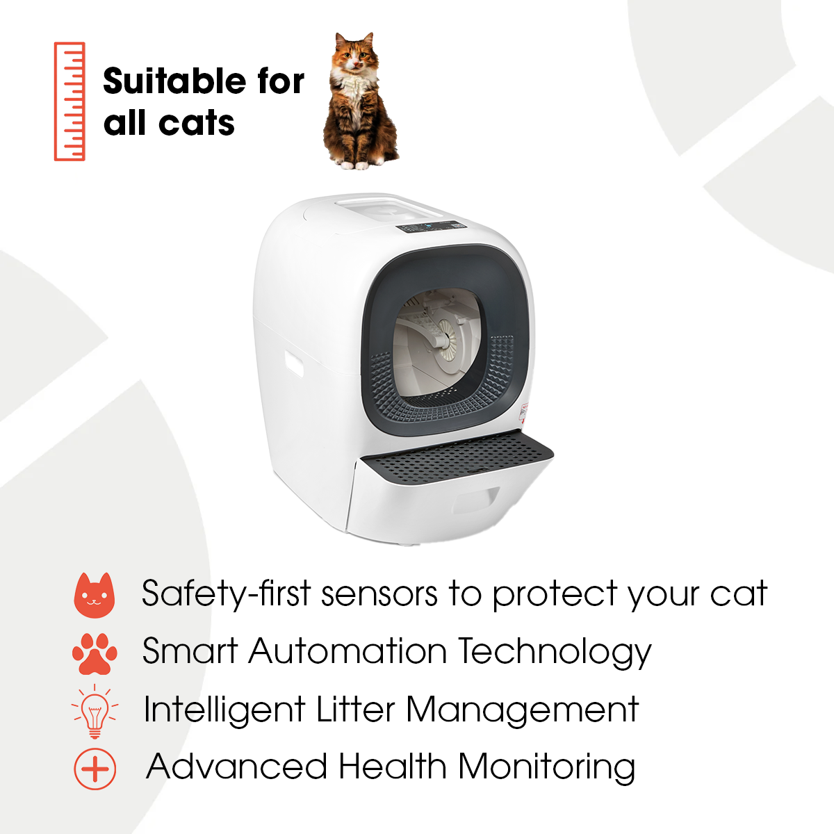 Infographic for the Cat mate automatic cat litter box with a picture of the product. Text indicates it's 'Suitable for all cats' with an image of a tabby cat. Features listed include safety-first sensors to protect your cat, smart automation technology, intelligent litter management, and advanced health monitoring, each accompanied by icons (cat face, paw print, lightbulb, and plus sign respectively).
