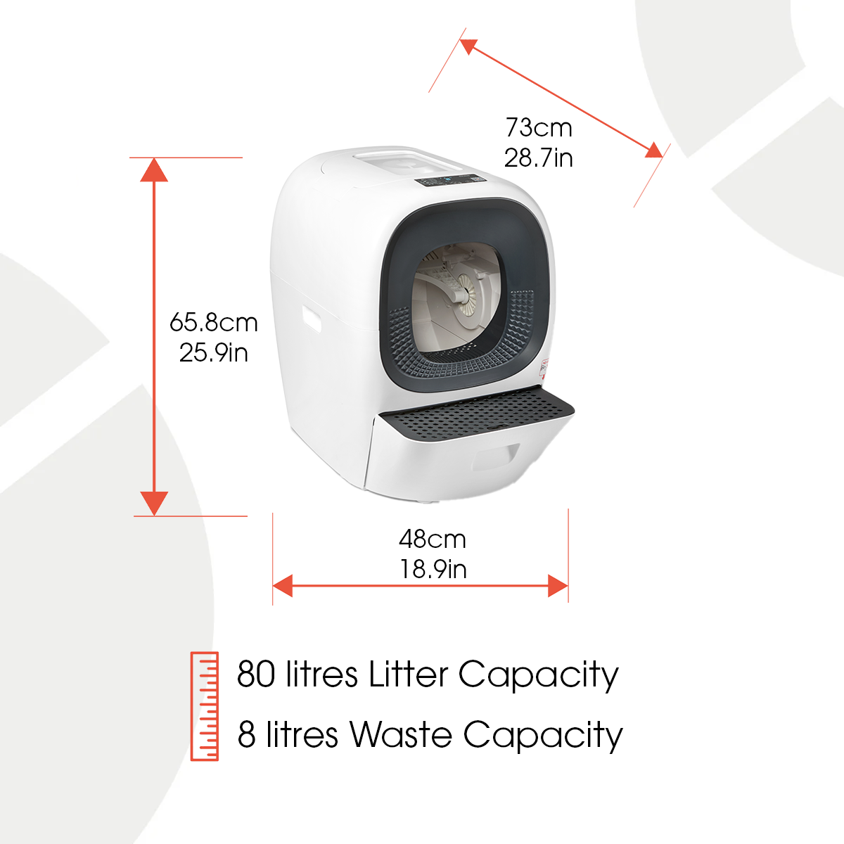White and grey enclosed cat litter box with dimensional specifications shown: 73cm (28.7in) depth, 65.8cm (25.9in) height, and 48cm (18.9in) width. The modern spherical design features a front entry with a dark interior compartment and ventilated step platform. Text indicates 80 litres litter capacity and 8 litres waste capacity.