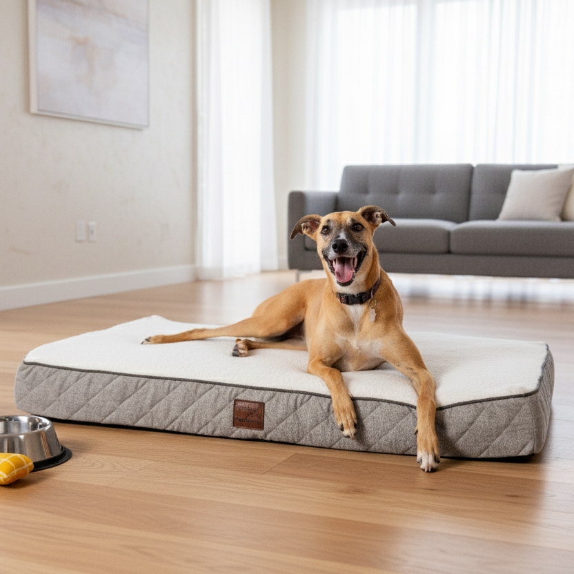 A tan dog lies comfortably on a grey rectangular dog bed made by Vet-Relieve on a light wood floor in a bright living room, with a grey sofa in the background and a metal food bowl and yellow toy placed beside the bed.