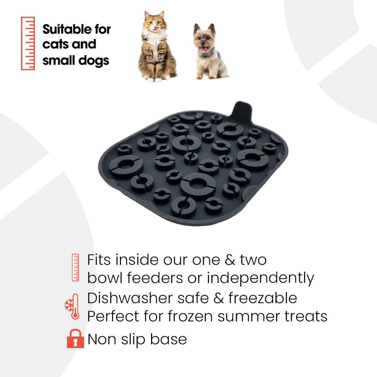 An infographic showing the suitability for cats and small dogs, with black text and orange icons displaying the features of using the lick mat