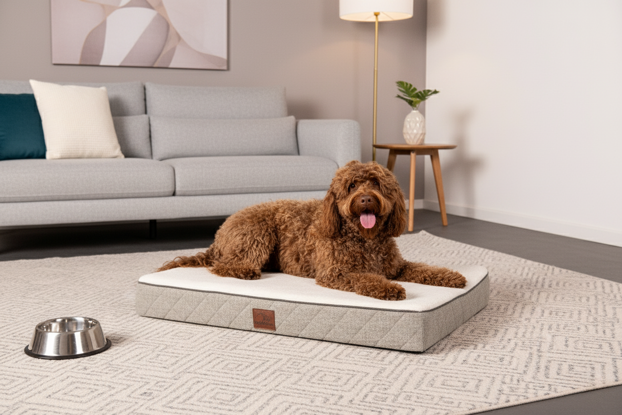 Dog lying on a pet bed in a living room with a couch and lamp in the background.