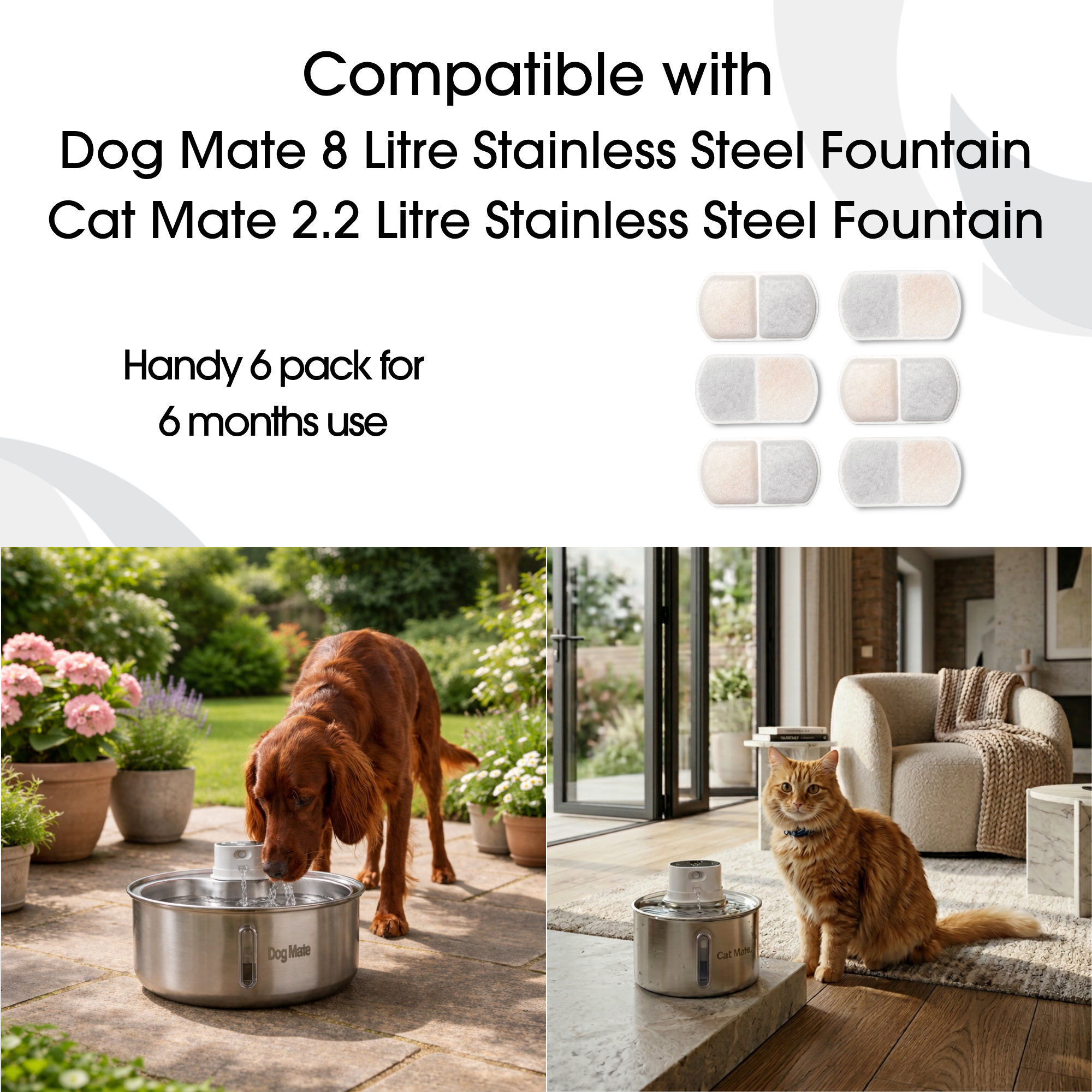 Replacement Filters for Dog Mate 8L & Cat Mate 2.2L Stainless Steel Fountain - 6 Pack