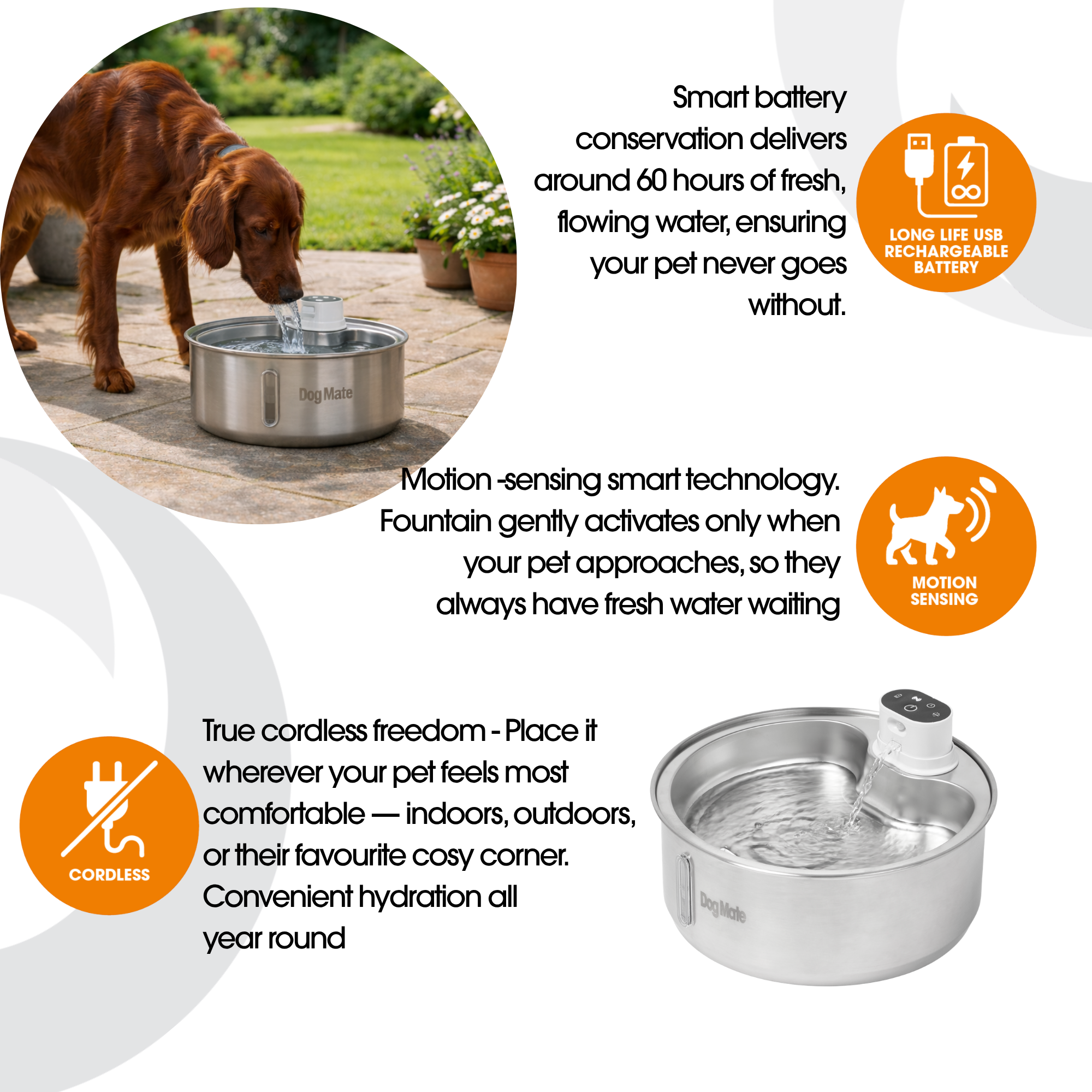 Dog Mate 8 Litre Stainless Steel Cordless Pet Water Fountain
