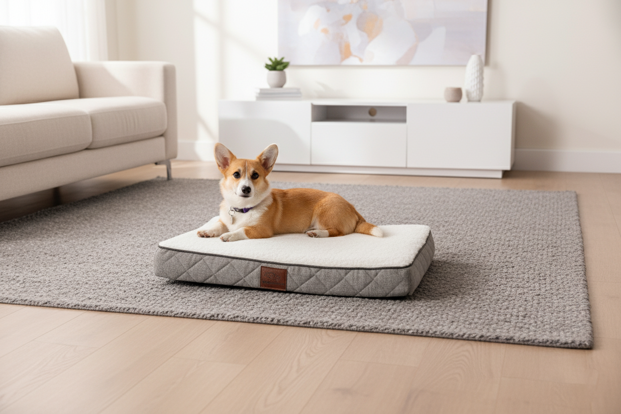 Dog lying on a gray pet bed in a living room.