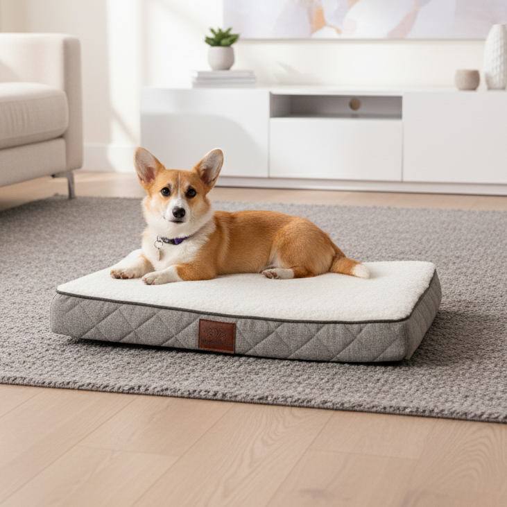 A tan and white corgi lying on a grey OrthoLuxe pet bed made by Vet-Relieve with grey sides and a white mattress top, placed on a light coloured wooden floor in a modern living room.