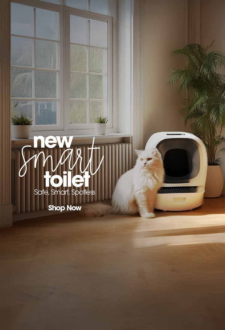 Cat sitting next to a smart toilet with promotional text in a home setting