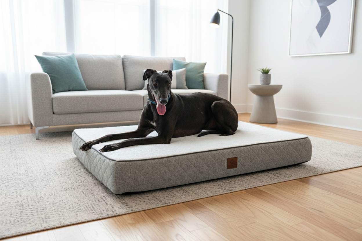 Dog lying on a large pet bed in a living room.