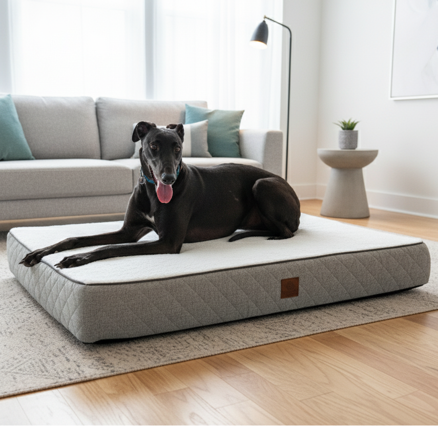A dark-coloured greyhound lies on a grey OrthoLuxe dog bed in a bright, modern living room, with a light grey sofa, floor lamp, side table with a small plant, and a textured rug on a wooden floor in the background.
