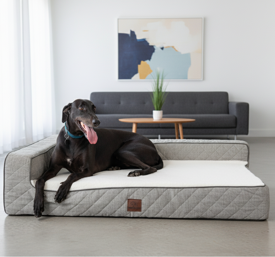 A large black Labrador or similar breed wearing a blue collar rests with its tongue out on an OrthoLuxe pet mattress. The bed features quilted grey fabric bolster sides, a cream-colored sleeping surface, and a brown leather accent tag. The dog is positioned on light grey flooring in a modern, minimalist living room with white walls and sheer white curtains. In the background is a charcoal grey mid-century modern sofa, a round wooden coffee table with a white planter containing greenery, and abstract artwork