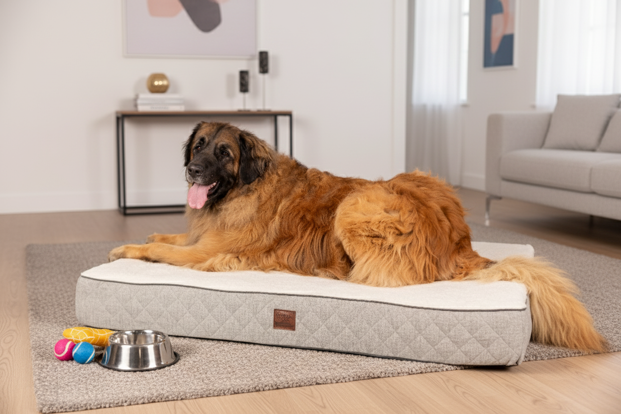 Dog lying on a large pet bed in a living room.