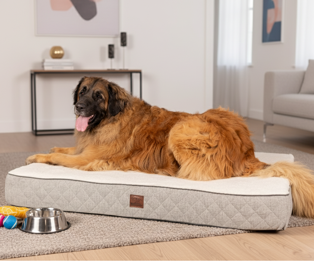 A Leonberger lying on a large grey and white quilted Vet-Relieve mattress pet bed in a modern living room, with a metal bowl and several brightly coloured toys placed next to the bed.