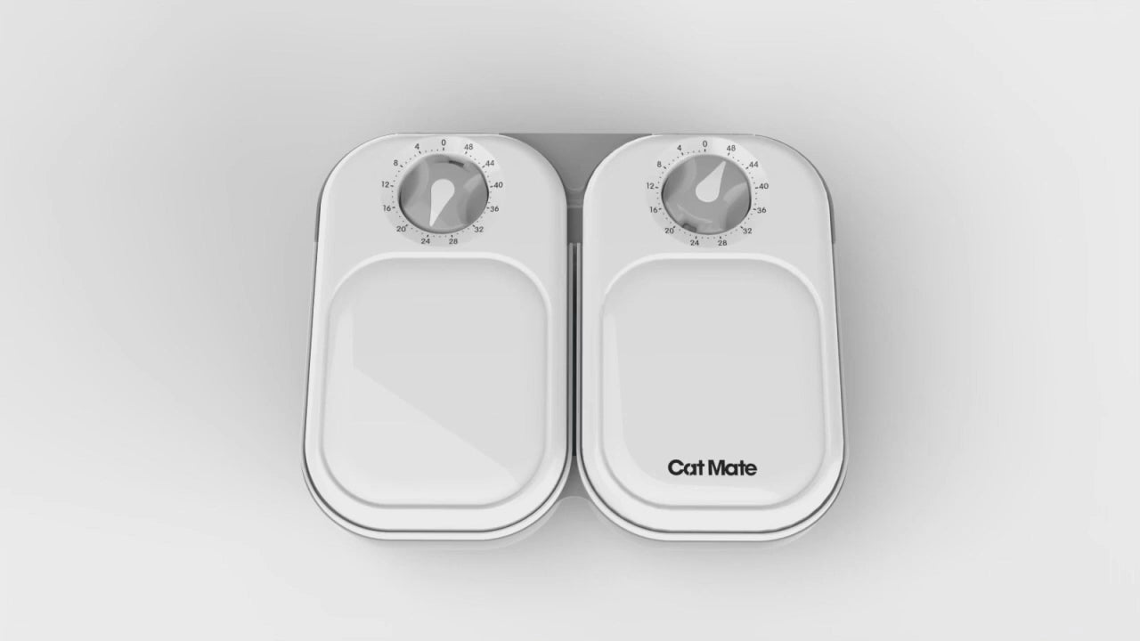 A video displaying the benrfits and features of using the automatic two meal pet feeder which is suitable for cats and small dogs to serve both wet and dry food types.