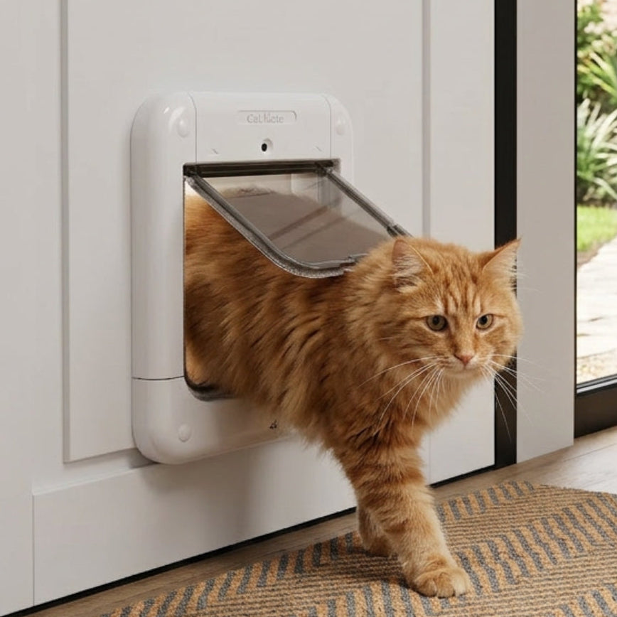 A ginger long-haired cat walking through a Cat Mate microchip cat flap fitted into a white door, stepping onto a striped doormat, with a garden path and greenery visible through a glass door in the background.