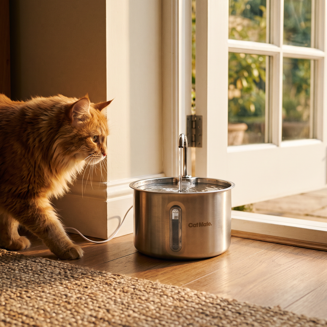 A fluffy orange cat stands beside a stainless steel Cat Mate water fountain with a white power cord on a wooden floor near a glass door, with warm sunlight streaming in from the outside.