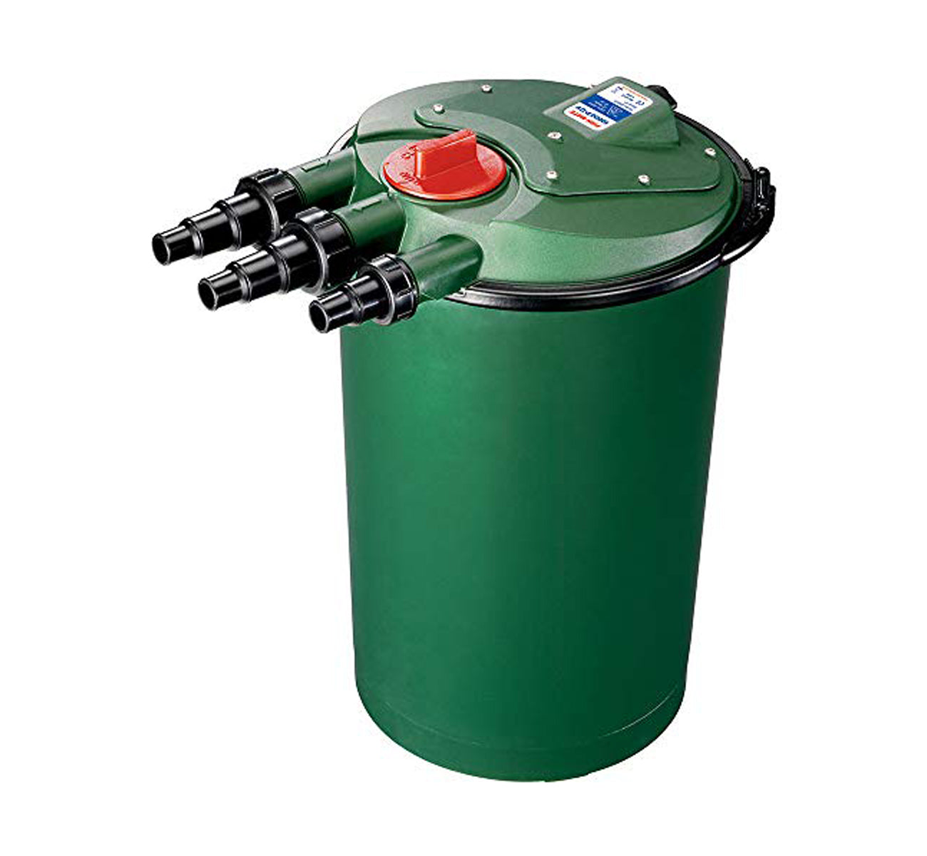 A green cylindrical Fish Mate pond filter with multiple hose attachments and a red cap on the top.