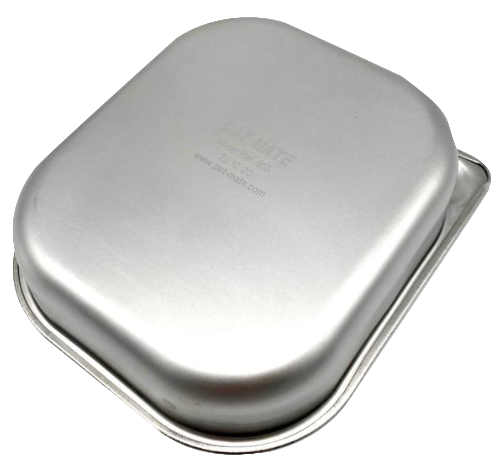 A view of the underside of the stainless steel bowl which has the brand 'Cat Mate' written on it on a clear background