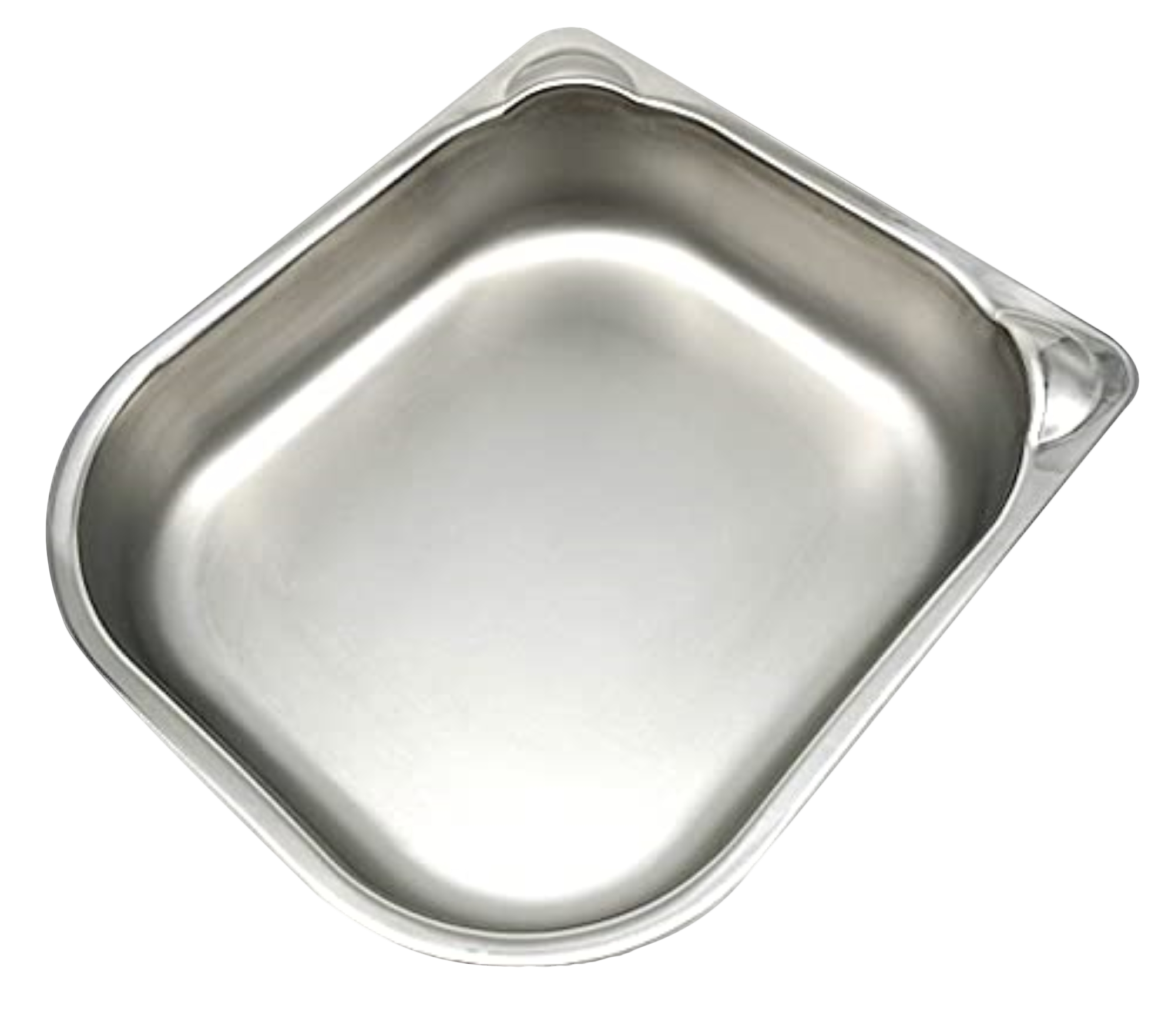A close up view of the single stainless steel bowl that can be used for wet or dry pet food on a clear background