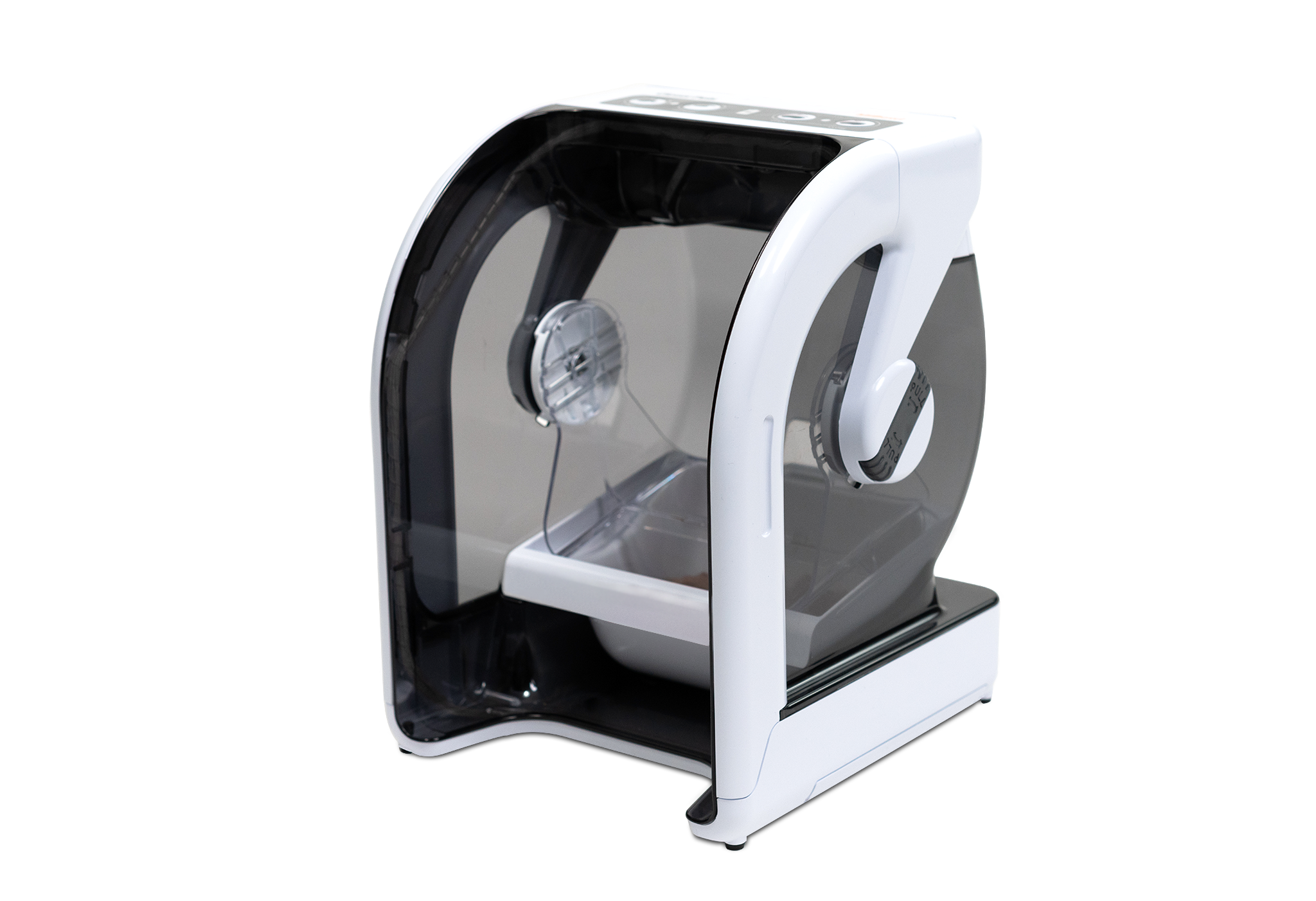 A side angle view of a mi-bowl with a black and white frame showing the microchip activated pet feeder on a clear background