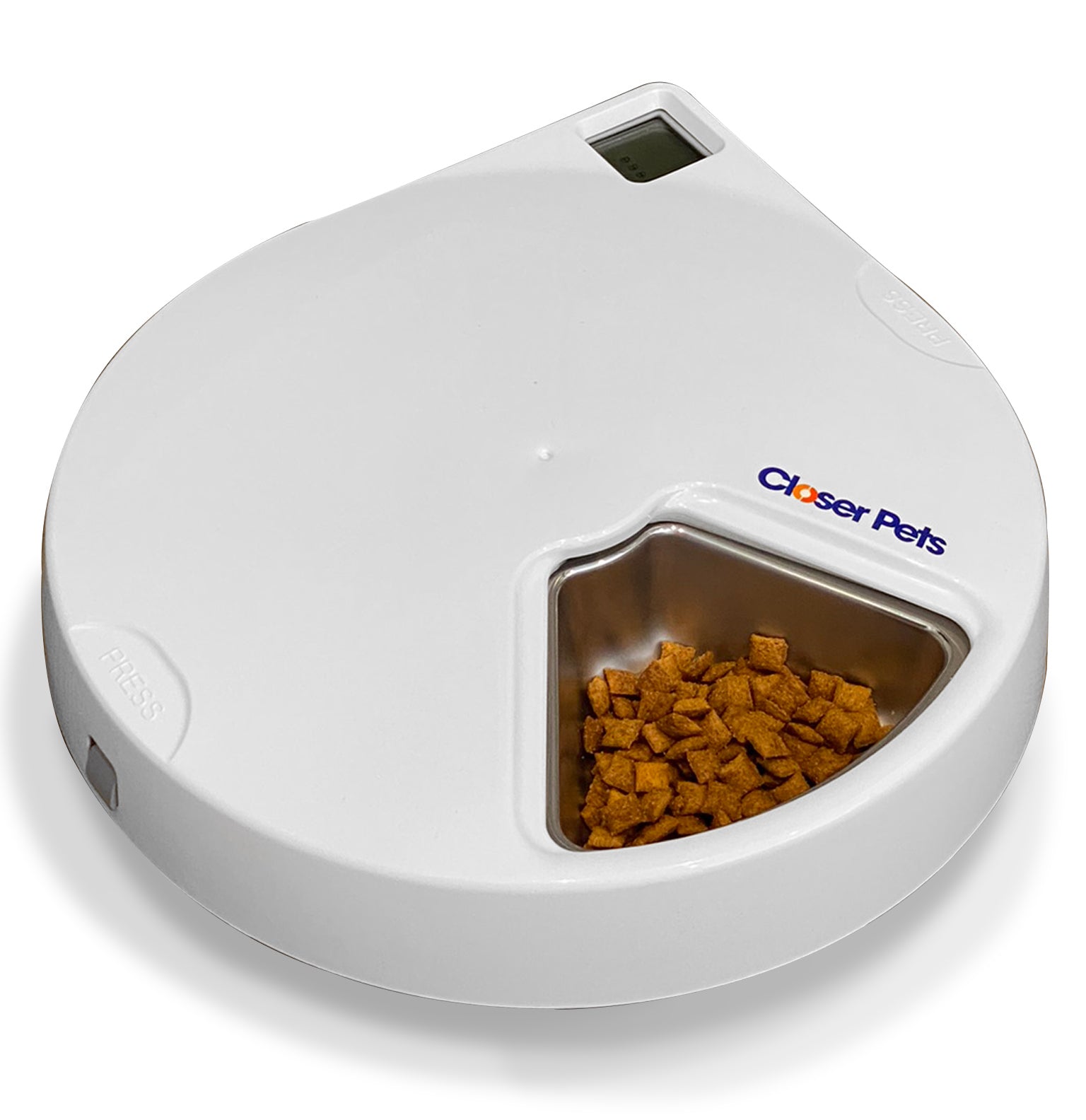 A white and grey pet feeder with a white top half and an open lid on one of the food bowls which is displaying a portion of dry pet food in it, on a white background