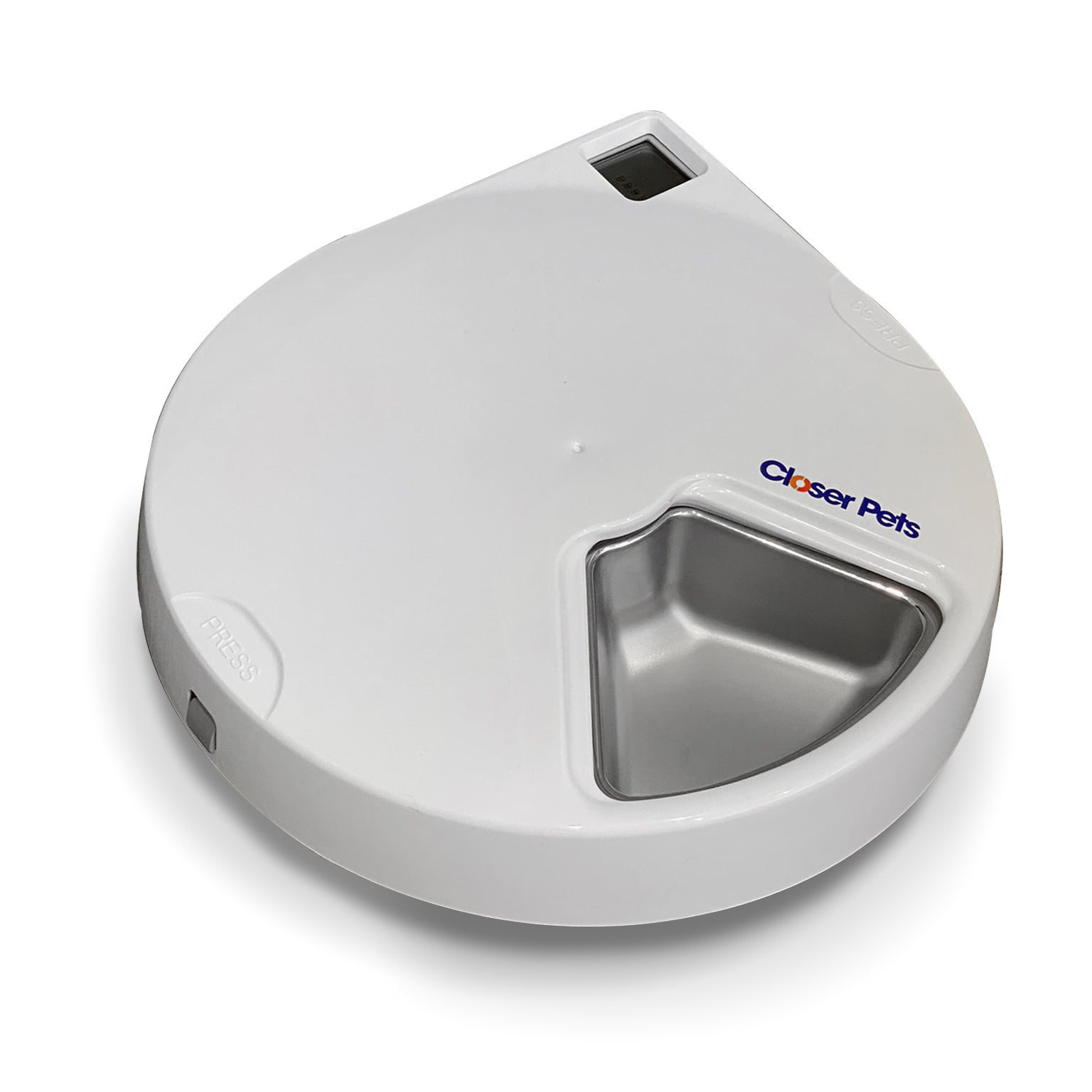A white automatic pet feeder which can provide five meals with an empty visible stainless steel bowl insert, branded by Closer Pets on a white background