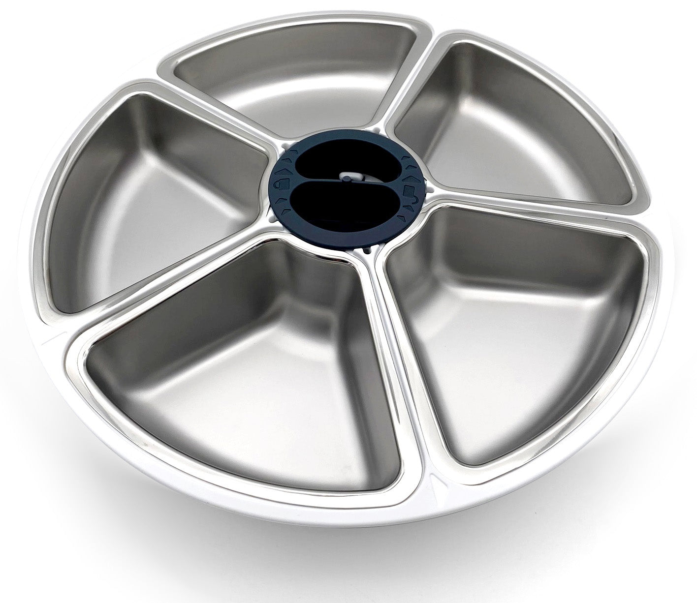 A top view of five stainless steel bowl inserts arranged in a carousel pattern, designed for use with an automatic pet feeder on a white background