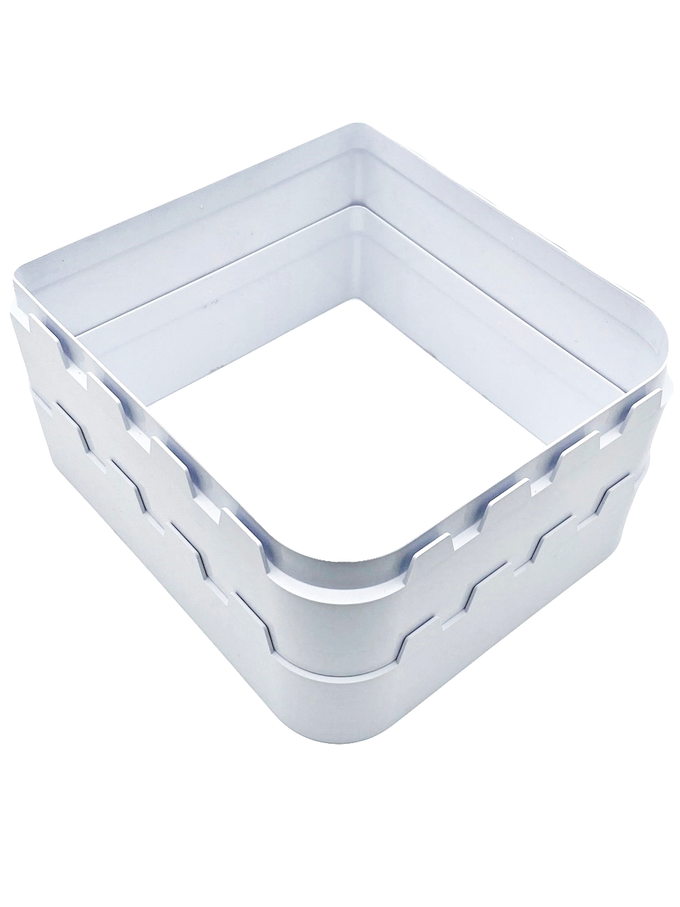 An image of two white, solid-coloured plastic squares which form a tunnel  section / wall liner for large cat flaps on a clear background