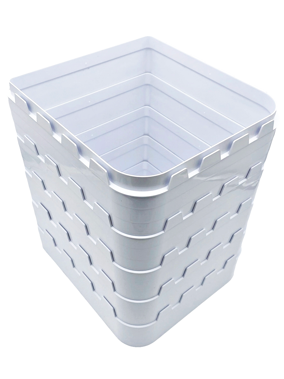 A stack of five white coloured wall liners / tunnel sections to facilitate the installation of a large cat flap in to a wall or door on a clear background