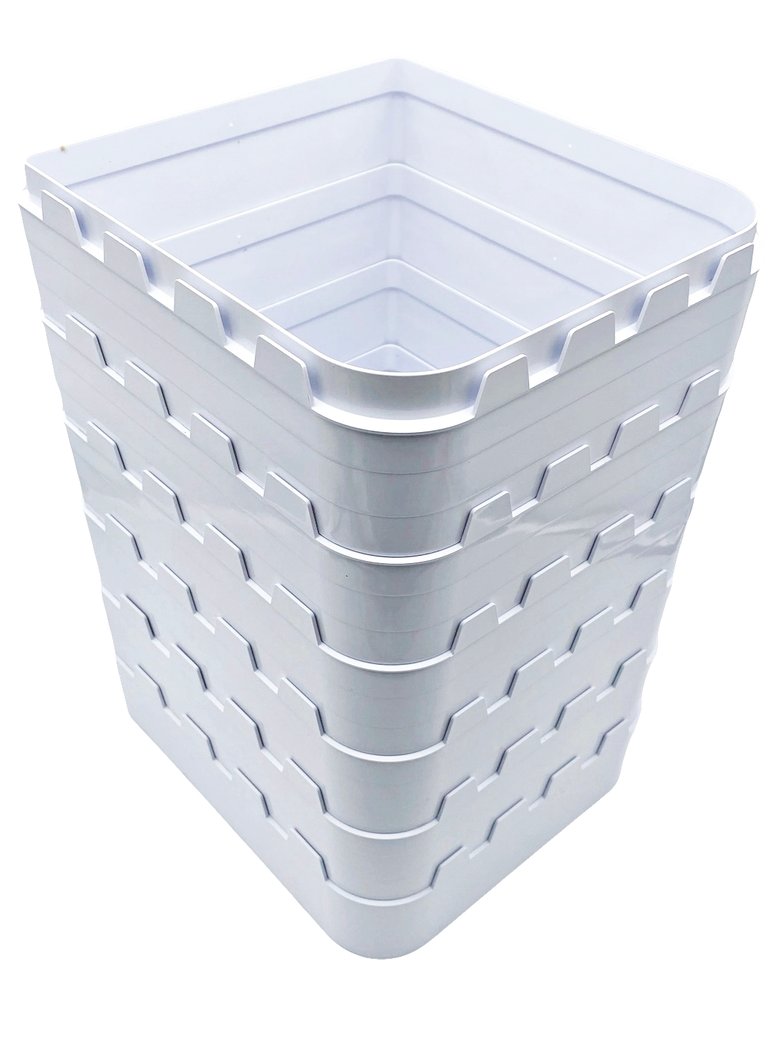 A stack of six white coloured wall liners / tunnel sections to facilitate the installation of a large cat flap in to a wall or door on a clear background