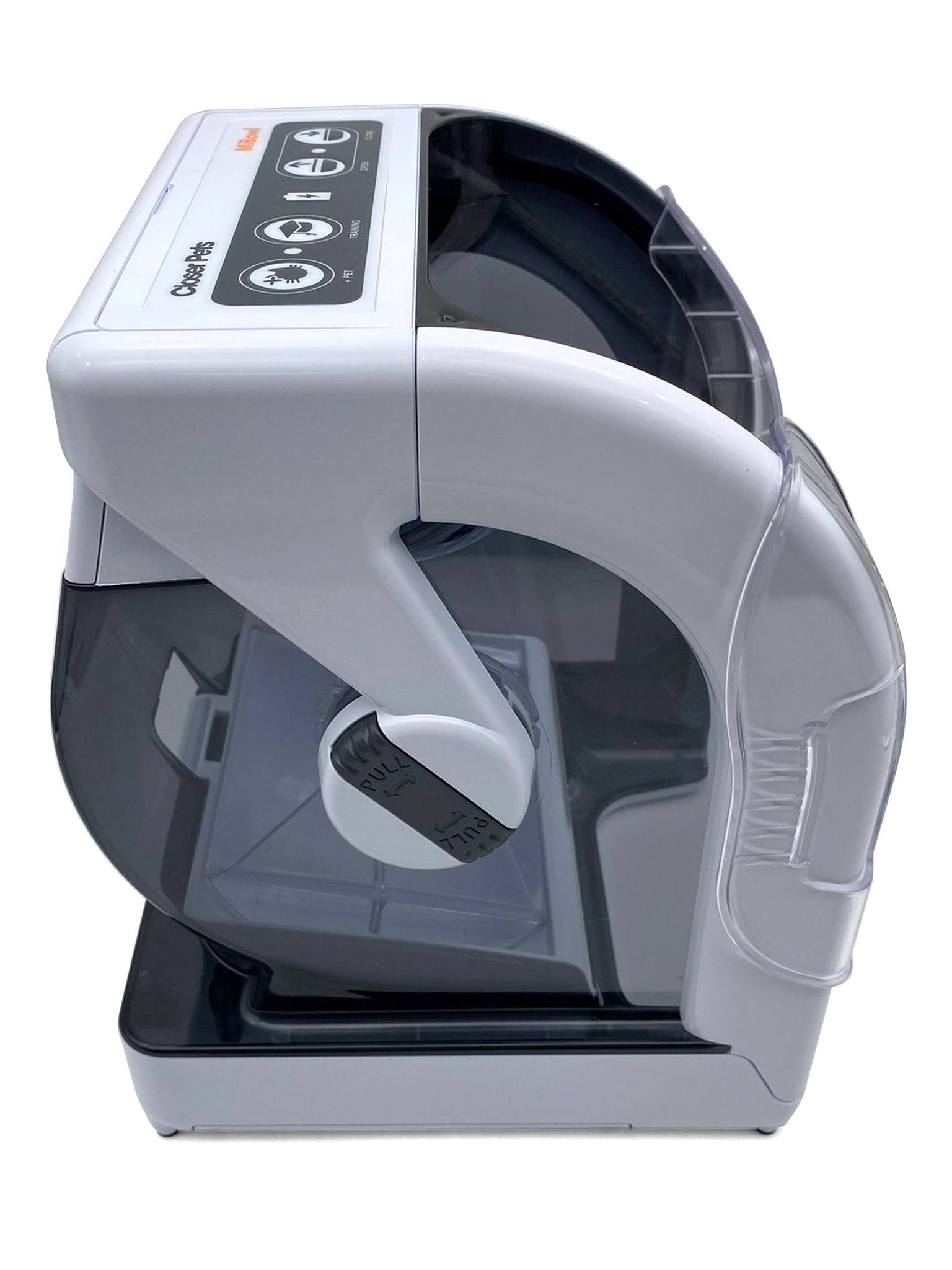 Side view of a modern microchip cat feeder with a white and transparent design. The feeder features a curved lid that opens automatically when activated by a cat's microchip or RFID tag. A rotary dial on the side allows for manual settings or programming. The internal feeding tray is visible through the transparent housing, and the unit sits on a sturdy base.