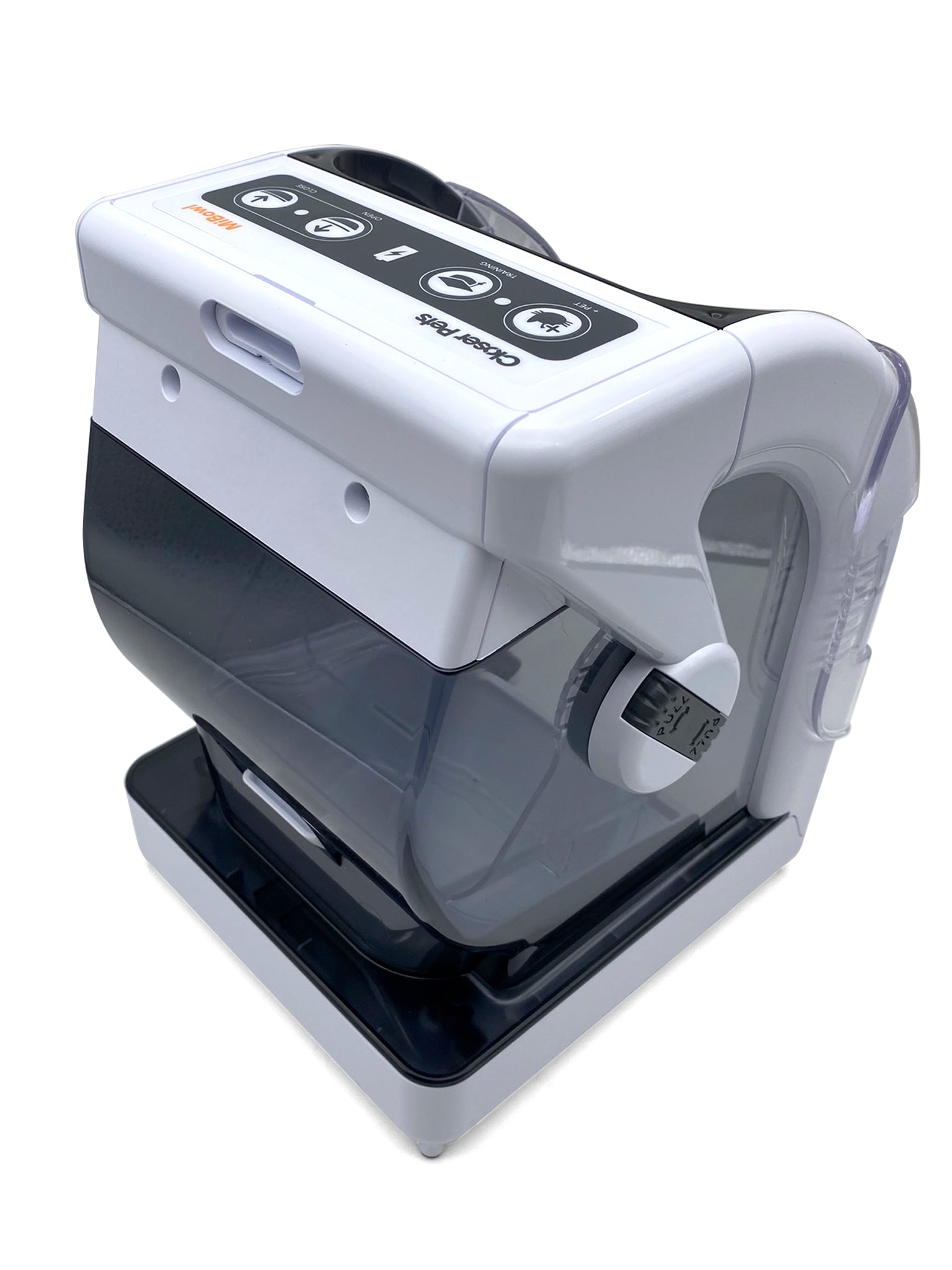 An angled view of a white and dark gray microchip cat feeder with a transparent food container. The feeder features a control panel on top with several touch buttons, a rotating dial on the side for settings, and a base tray designed to hold pet food. The sleek, modern design allows for secure access control via microchip recognition