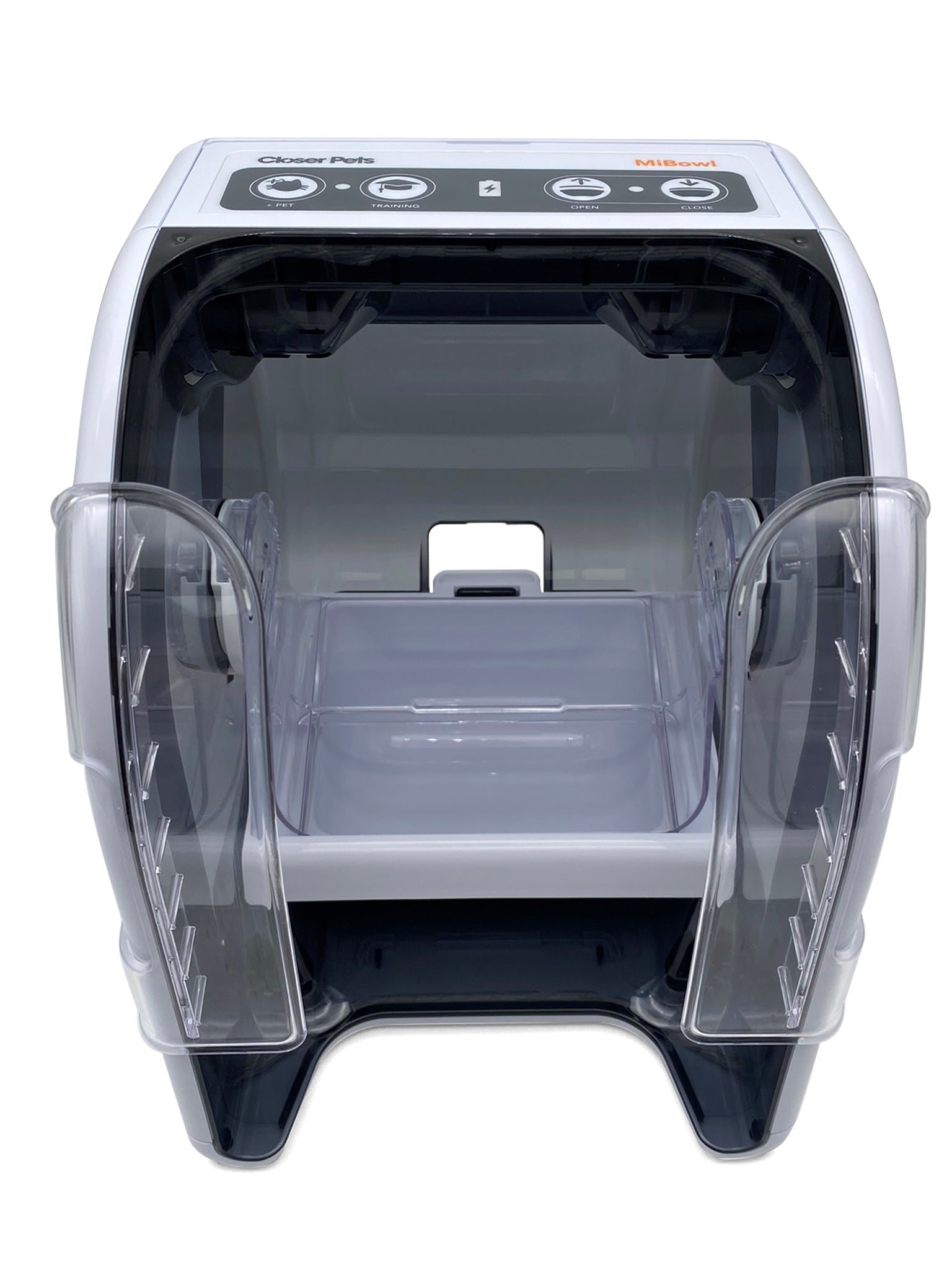 A front view of the Mi Bowl which shows the clear coloured access doors, the dark coloured base and the white food bowl inside