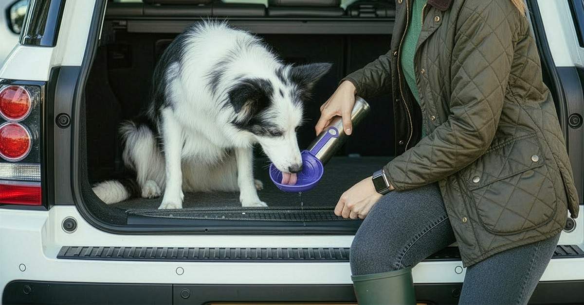 Packing list for traveling with dogs: a woman feeds her dog in the back of a car.