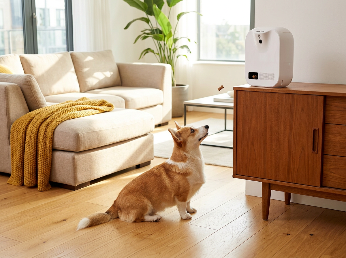 Corgi sitting calmly at home with the Closer Pets TreatView Pet Camera