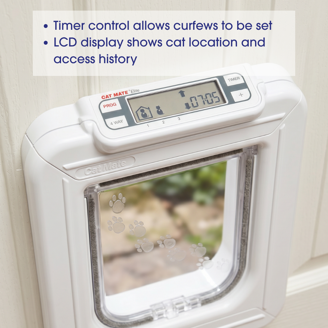 Cat Mate Elite Microchip Cat Flap with Timer & 4-Way Lock – White (355W)