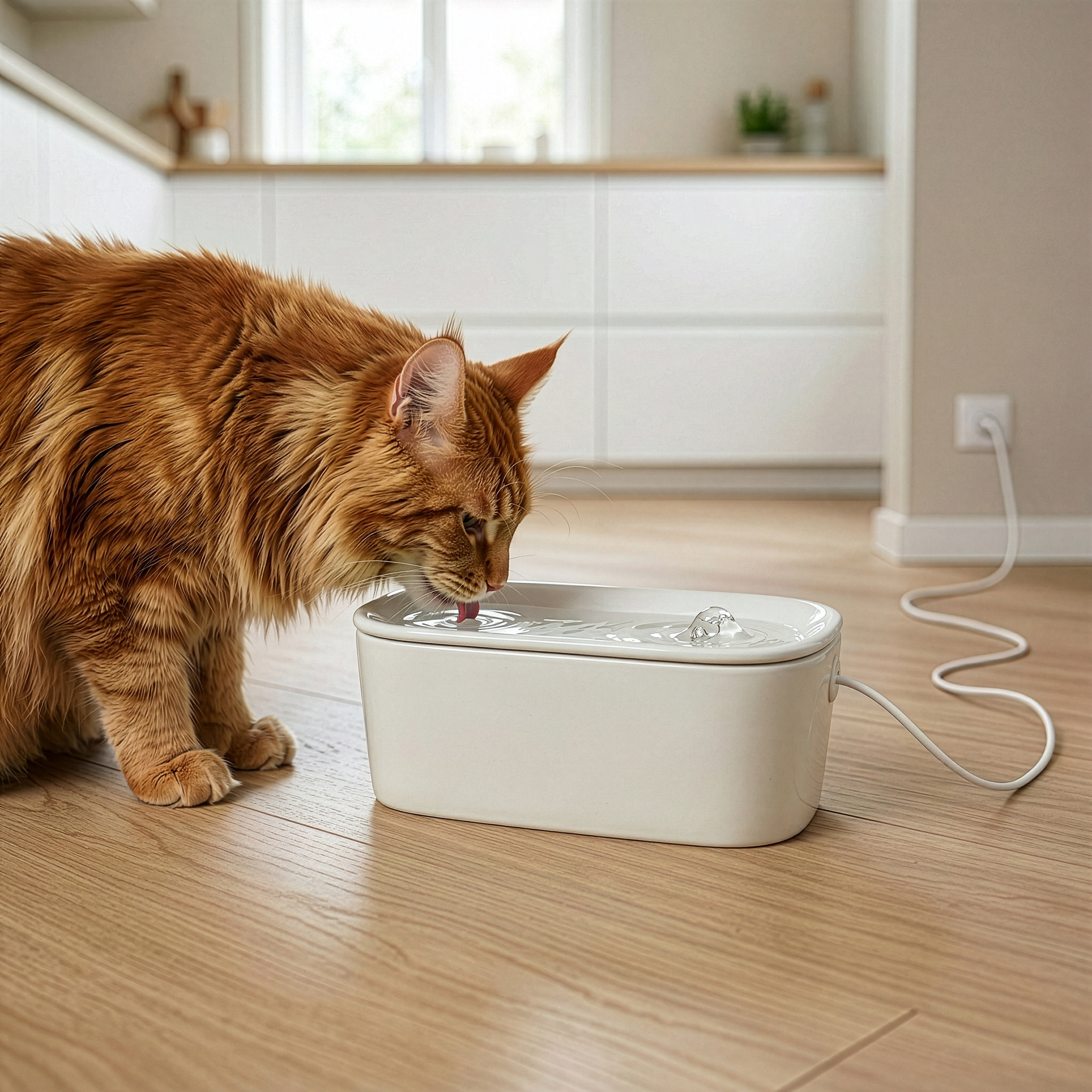 A longhaired orange tabby cat drinking from a light grey rectangular ceramic pet water fountain with an 800ml capacity powered by a 3m USB cable on a light wood floor in a modern kitchen.