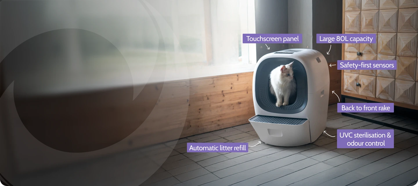 Automatic litter box with features highlighted in a room setting