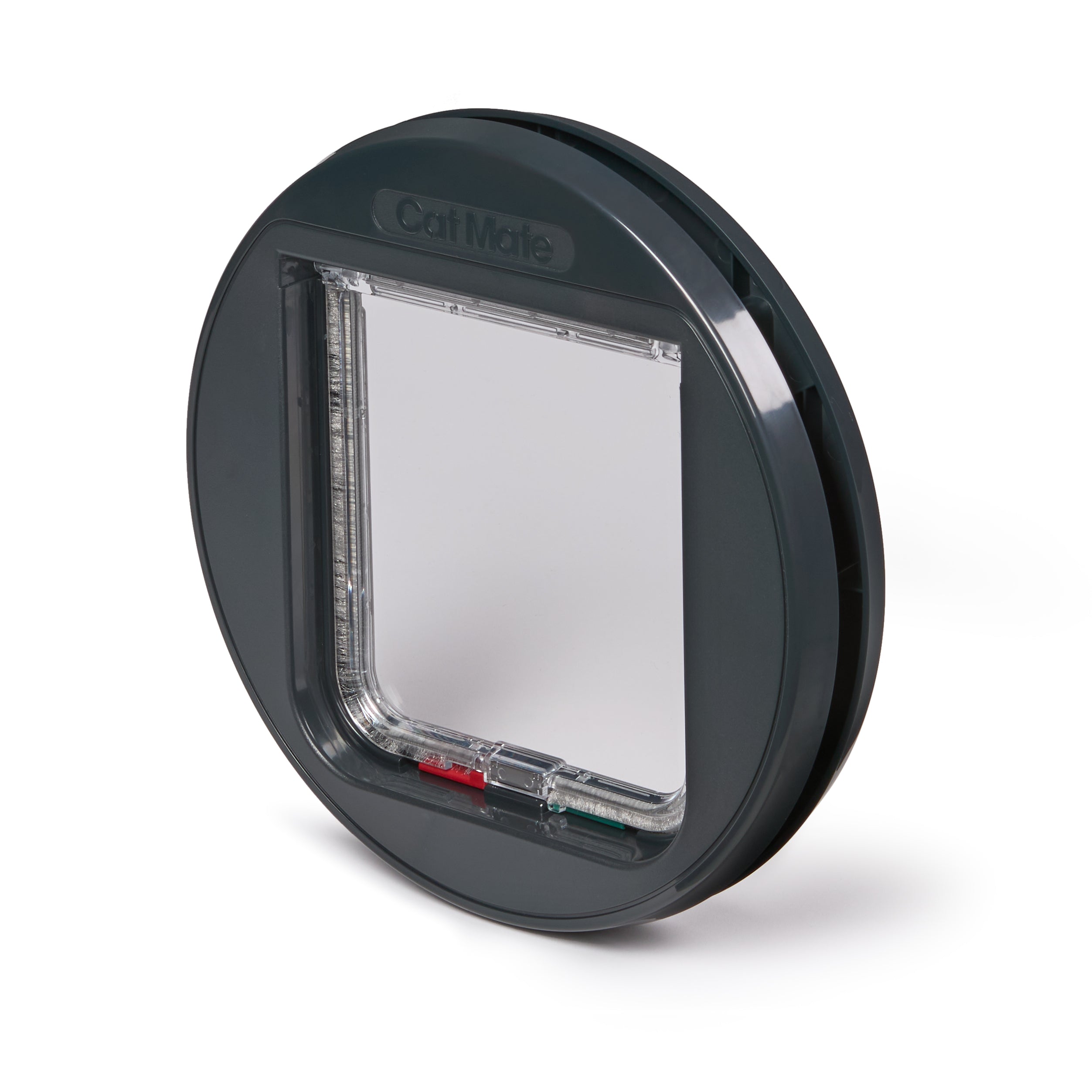 Cat flap with clear flap and grey frame with a red manual lock on a white background