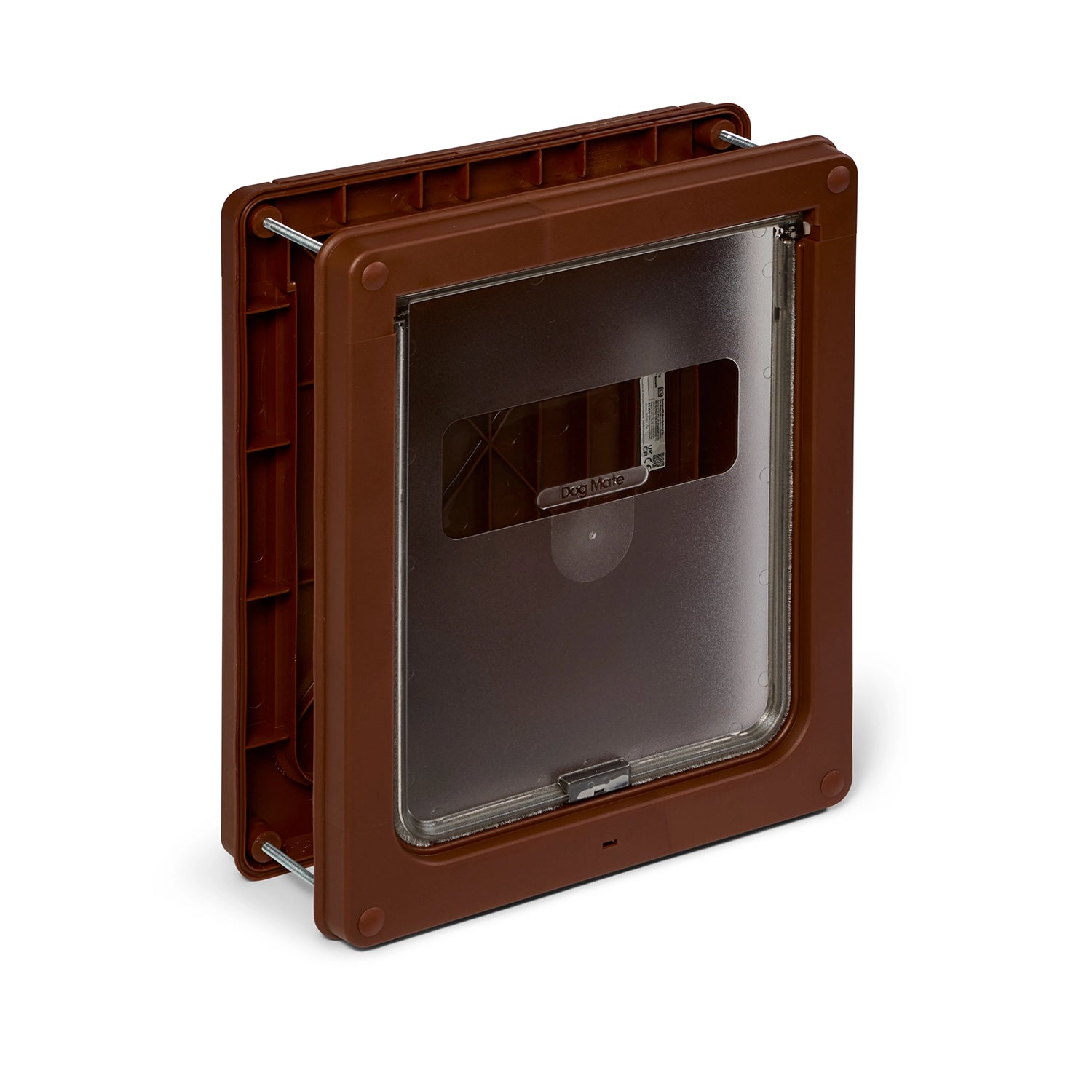 Brown pet door with a clear flap on a white background