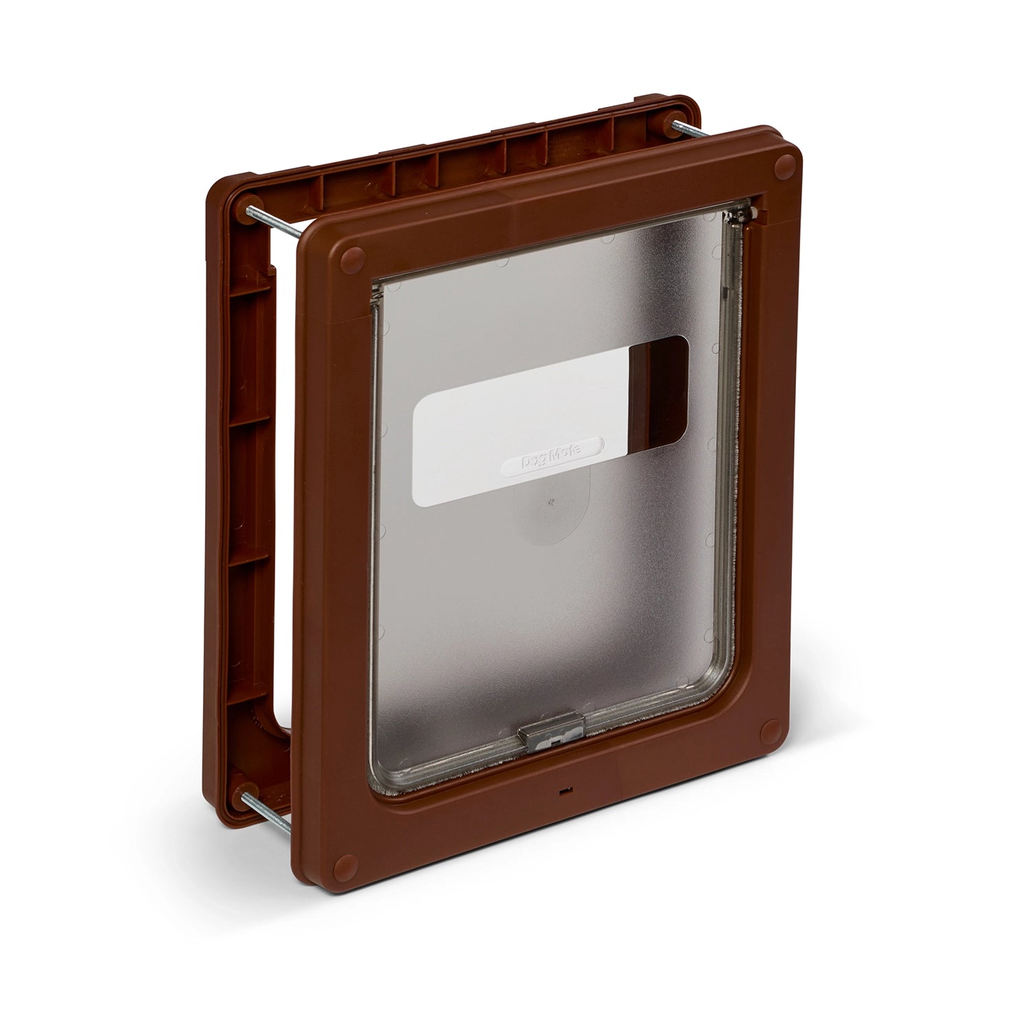 A brown pet door frame with two clear panels on a white background 