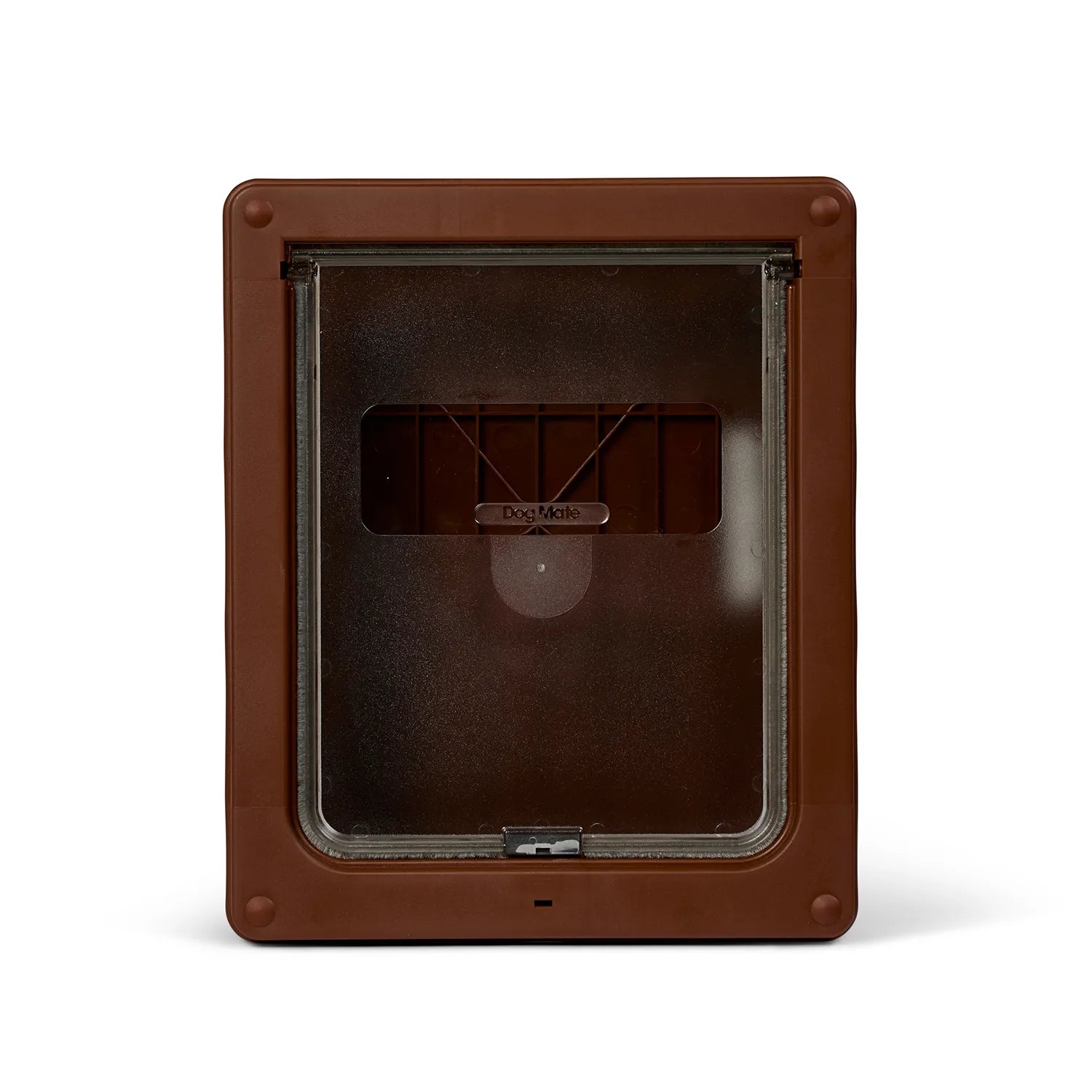 Brown pet door with a magnetic closure on a white background