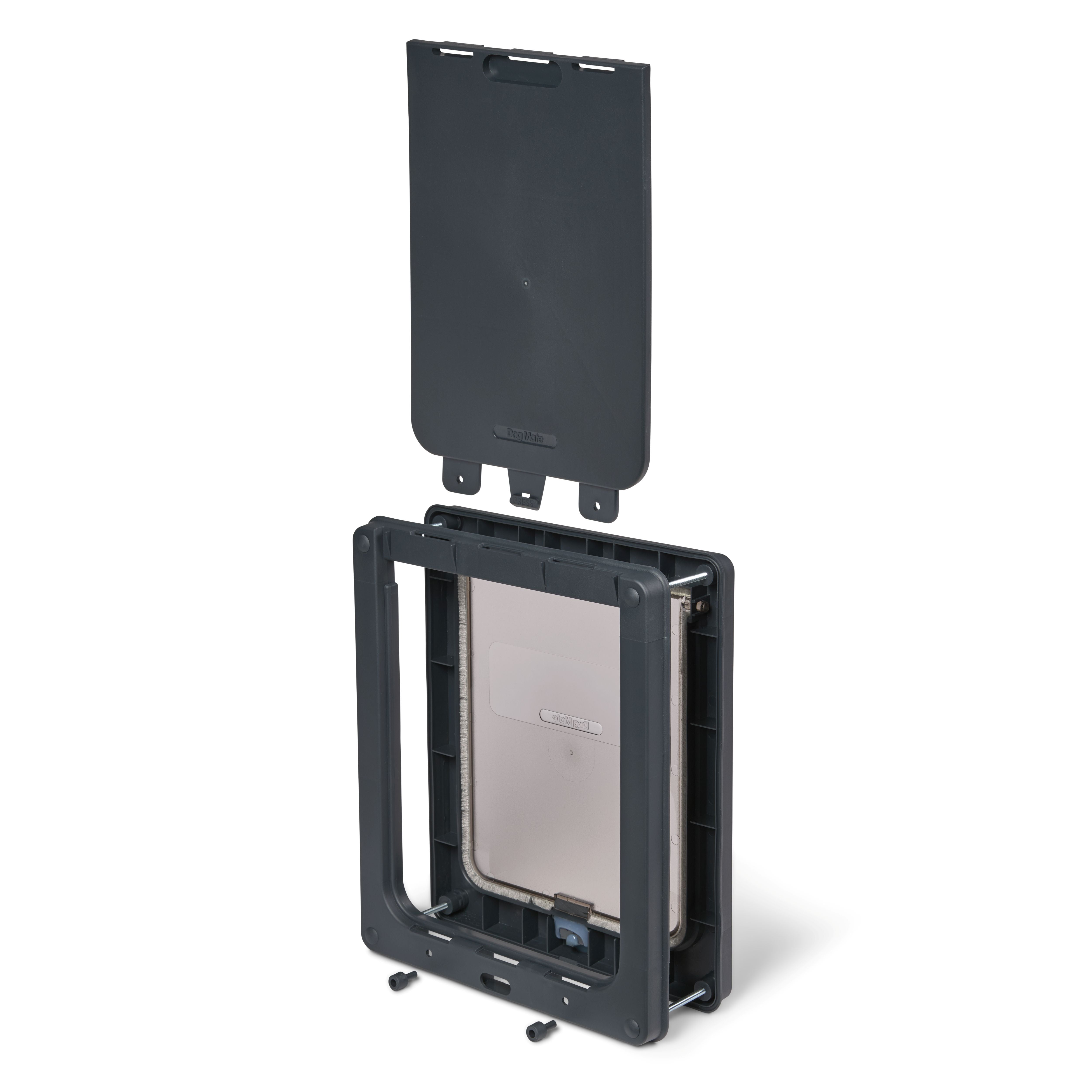 Grey pet door made by Dog Mate for medium size dogs showing the secure locking panel placed above its slot in the pet door to demonstrate its use. 