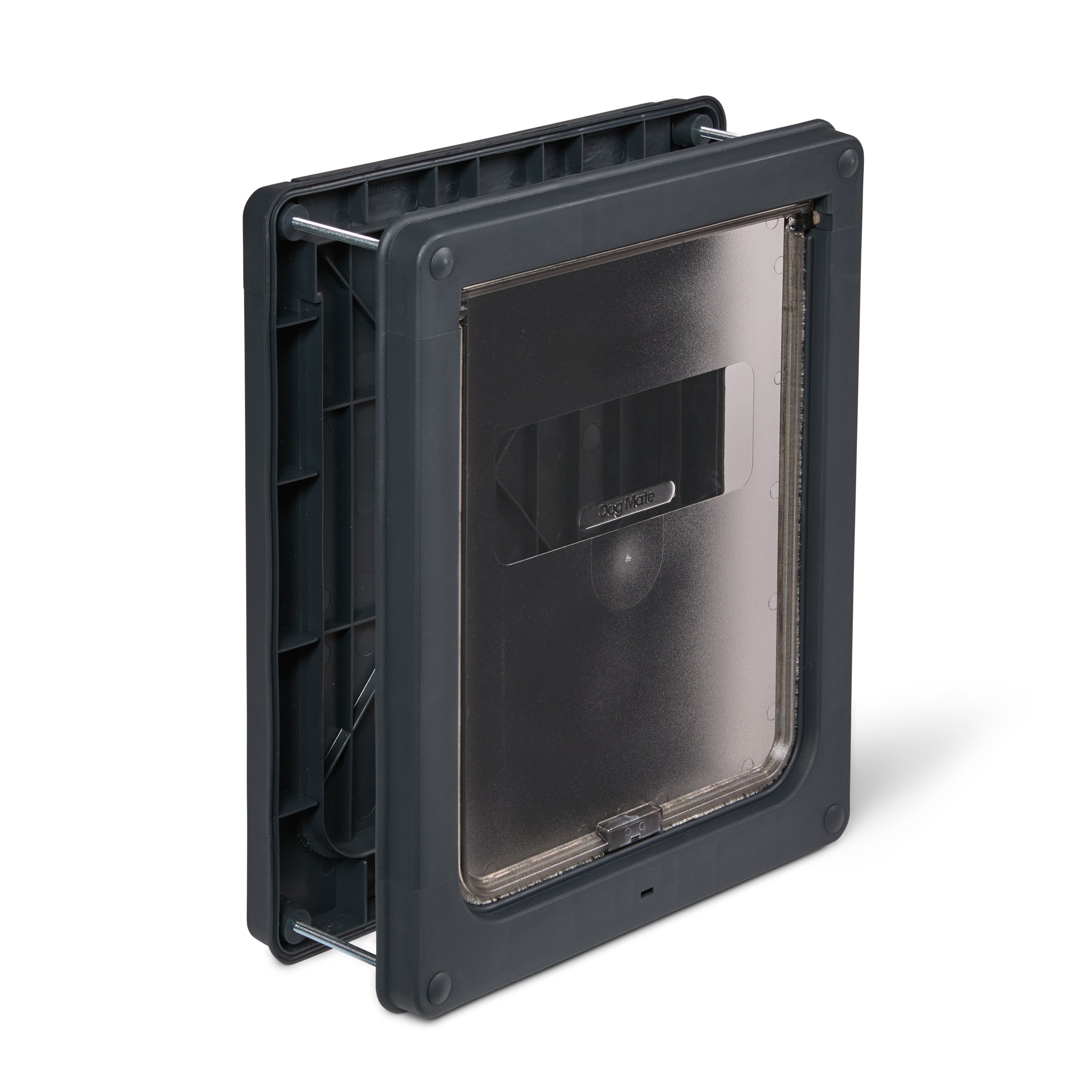 Grey pet door with a translucent flap which is suitable for installation in to doors and walls on a white background