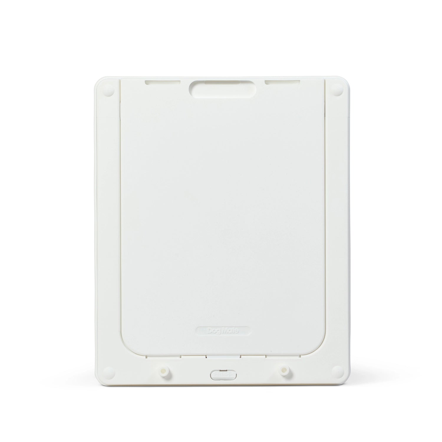The white security panel in the locked position  on the white pet door frame for cats and medium size dogs