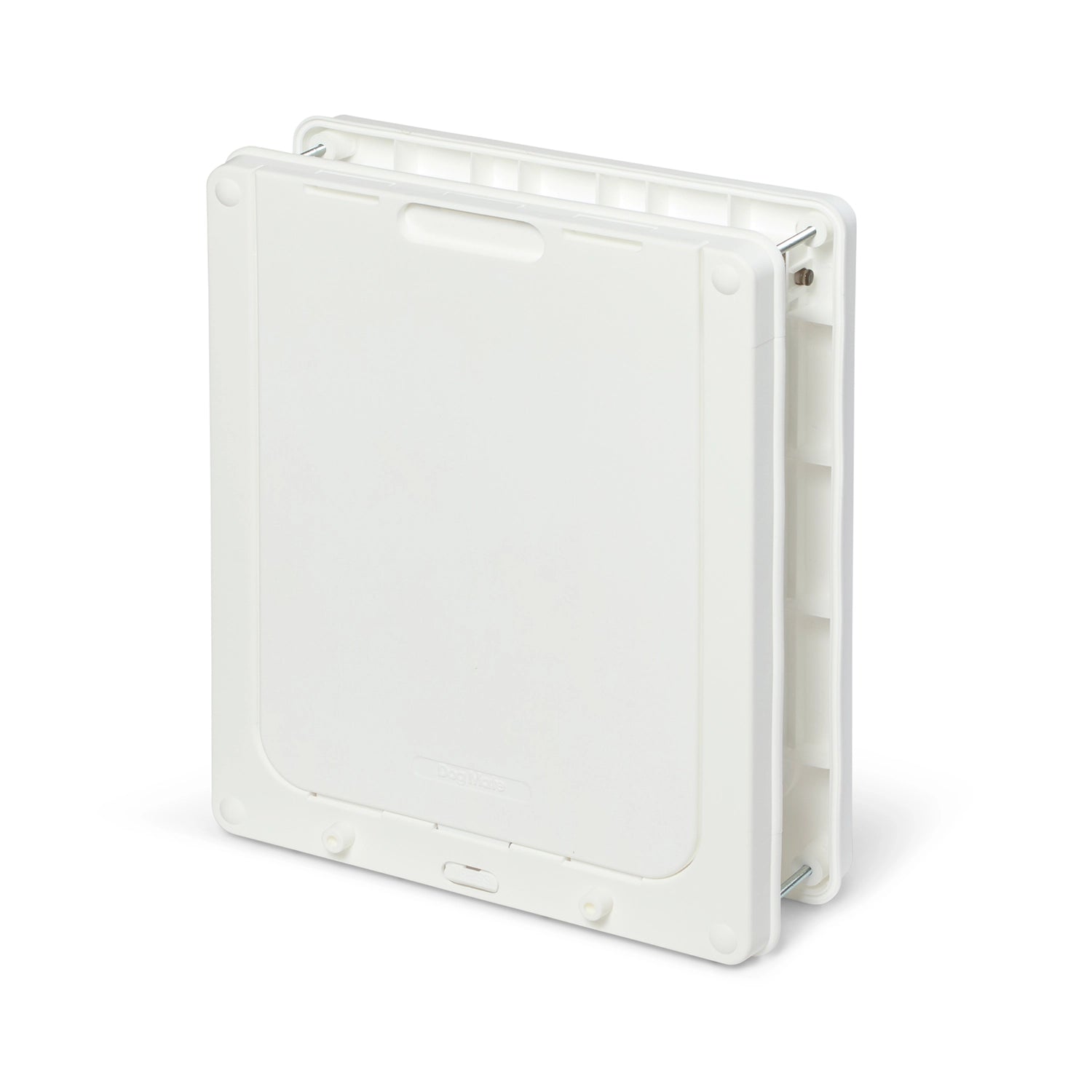 A side angle view of the back of the white medium pet door with a locking security panel 