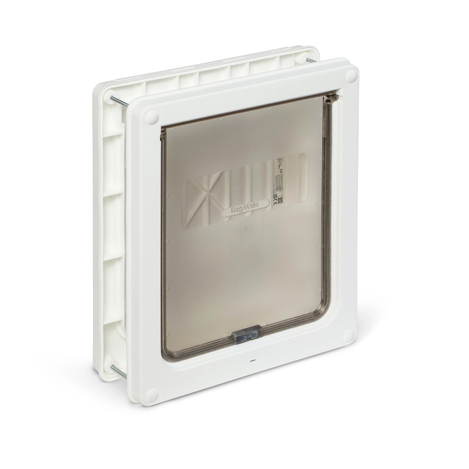 A pet door with a clear flap on a white background
