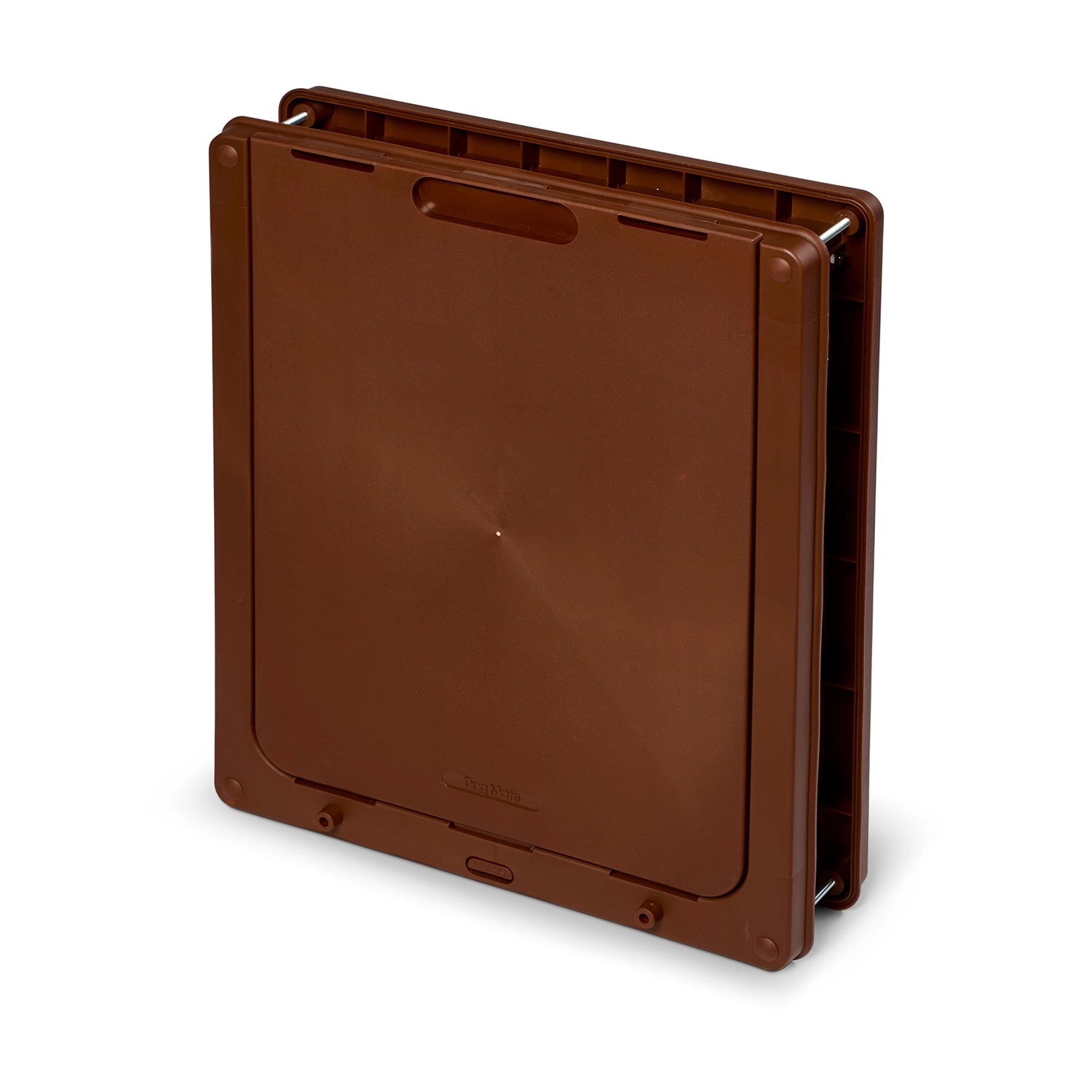 A side view of the back side of the brown pet door with the brown security panel 