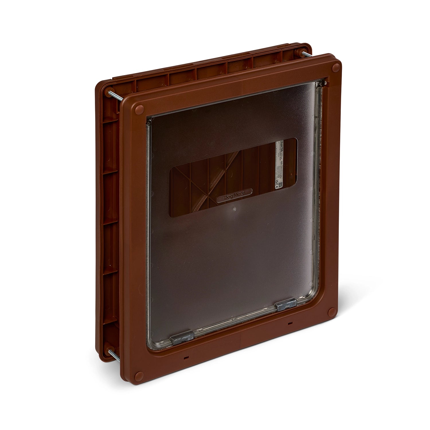 Brown pet door with a clear flap on a white background