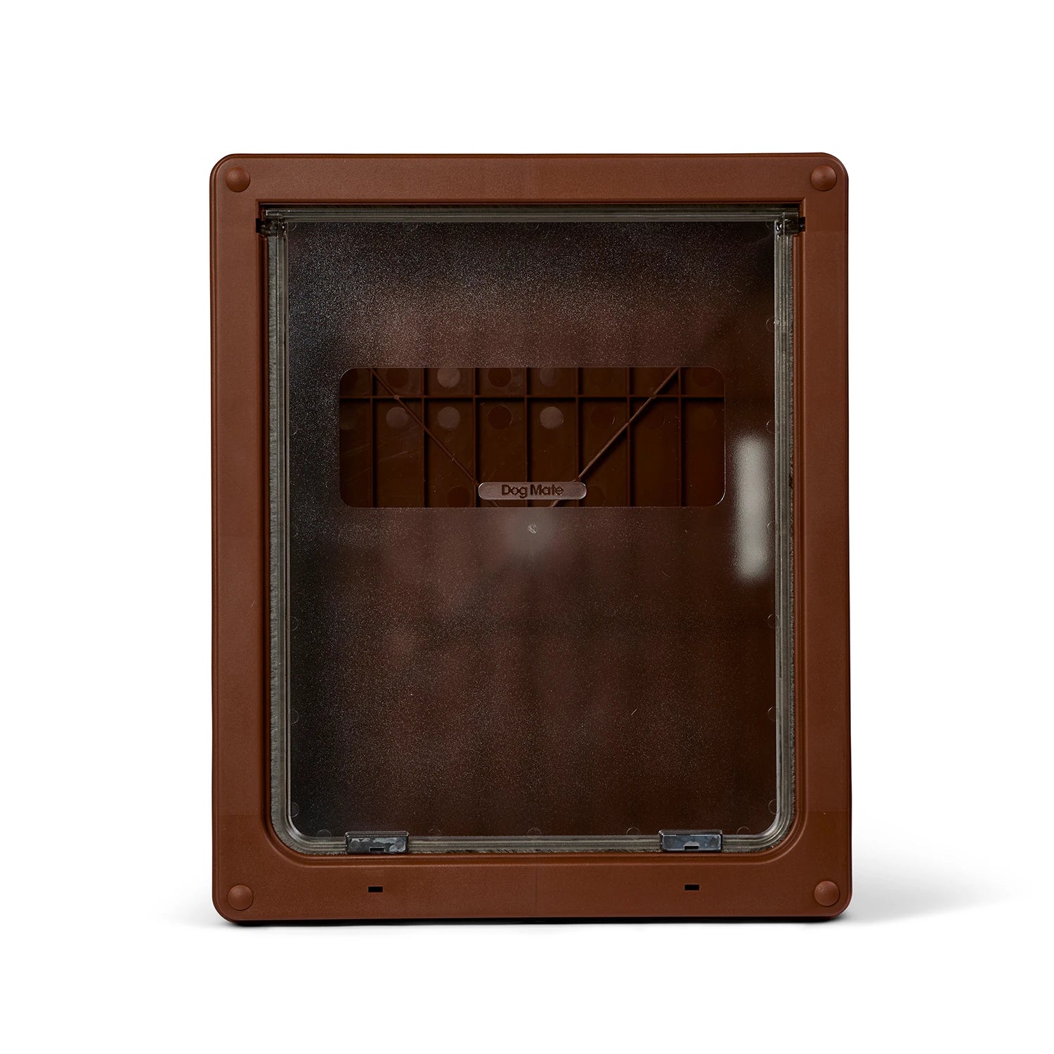 A brown pet door suitable for larger dogs and cats with a clear plastic panel on a white background