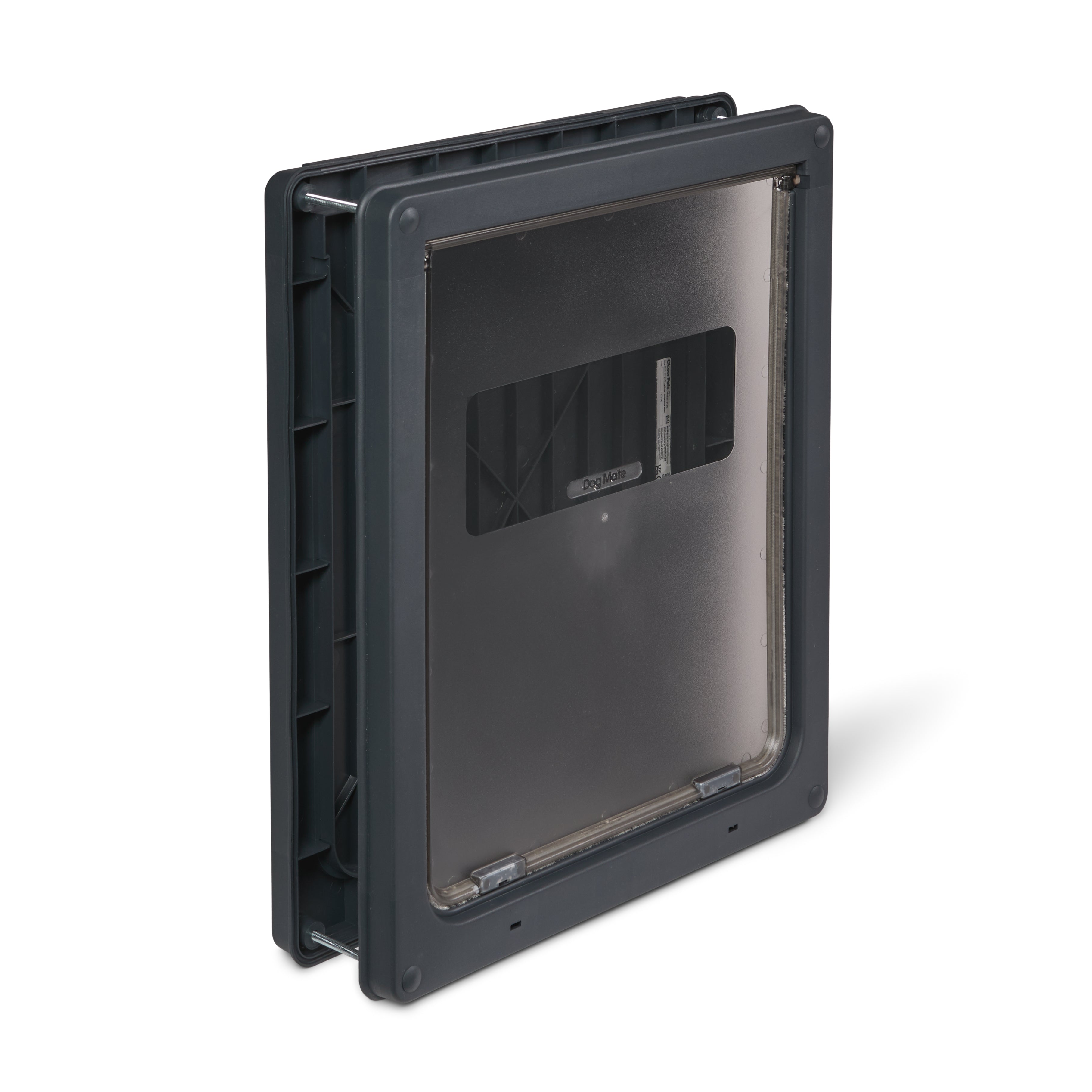 A grey pet door frame which has a manual locking panel and a translucent flap on a white background 