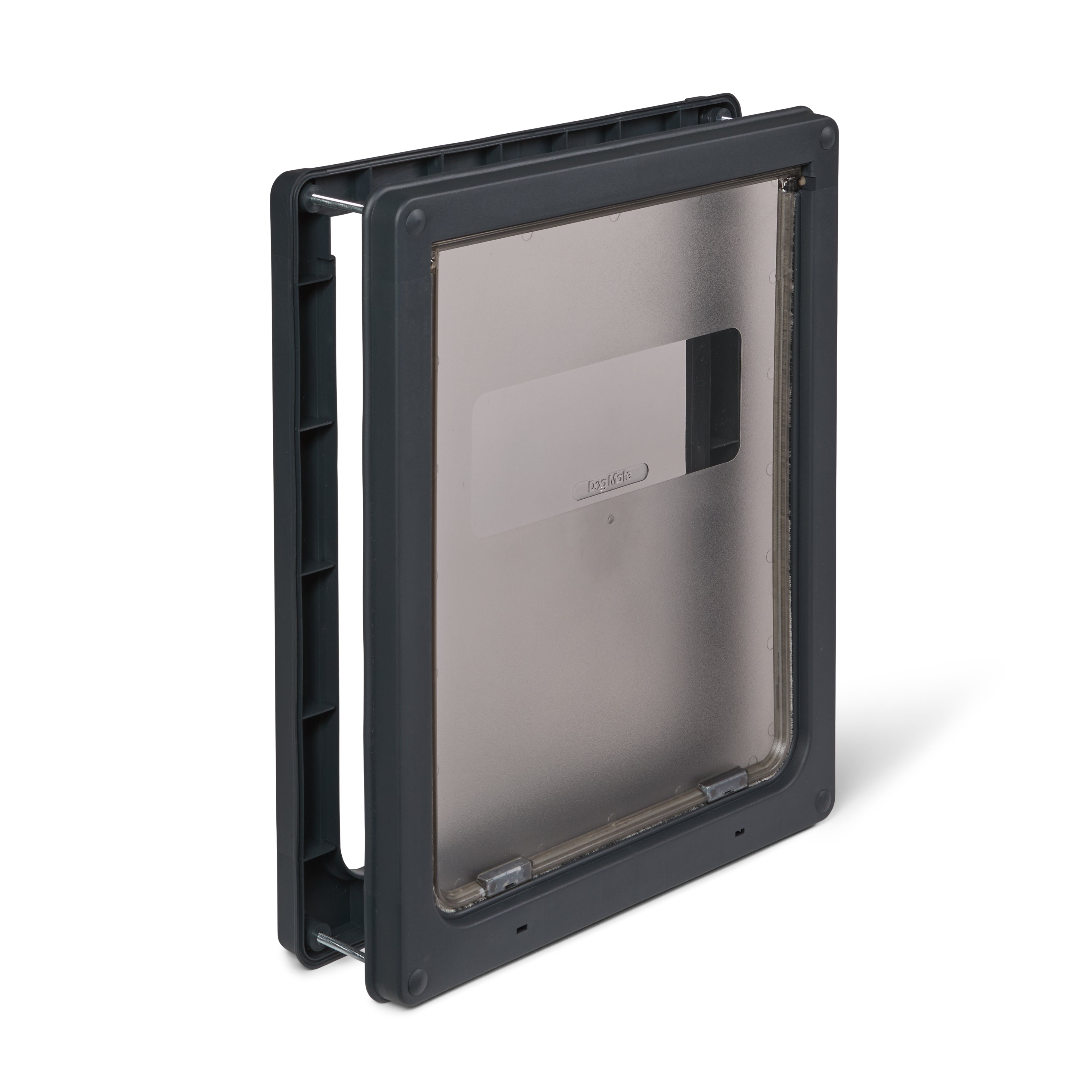 A side-on view of the grey pet door frame for large dogs which can be installed in to a variety of door types and walls, on a white background 